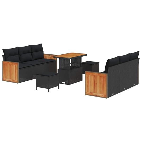 9-teiliges Garten Sofaset mit Kissen Schwarz Poly Rattan Akazienholz, 3-teiliges Garten Esstisch Set mit Kissen Schwarz Poly Rattan Akazienholz