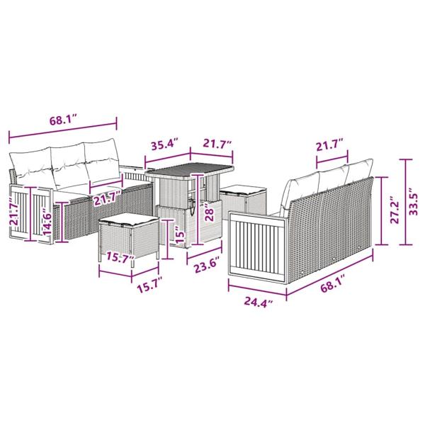 9-teiliges Garten Sofaset mit Kissen Schwarz Poly Rattan Akazienholz, 3-teiliges Garten Esstisch Set mit Kissen Schwarz Poly Rattan Akazienholz