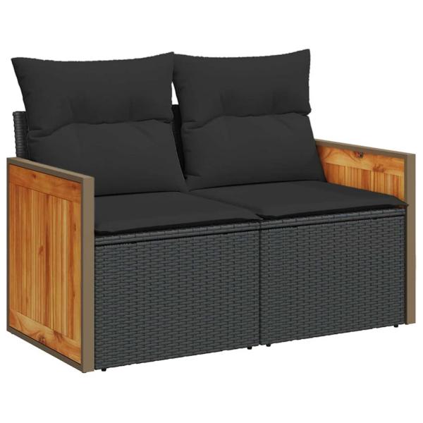 9-teiliges Garten Sofaset mit Kissen Schwarz Poly Rattan Akazienholz, 3-teiliges Garten Esstisch Set mit Kissen Schwarz Poly Rattan Akazienholz