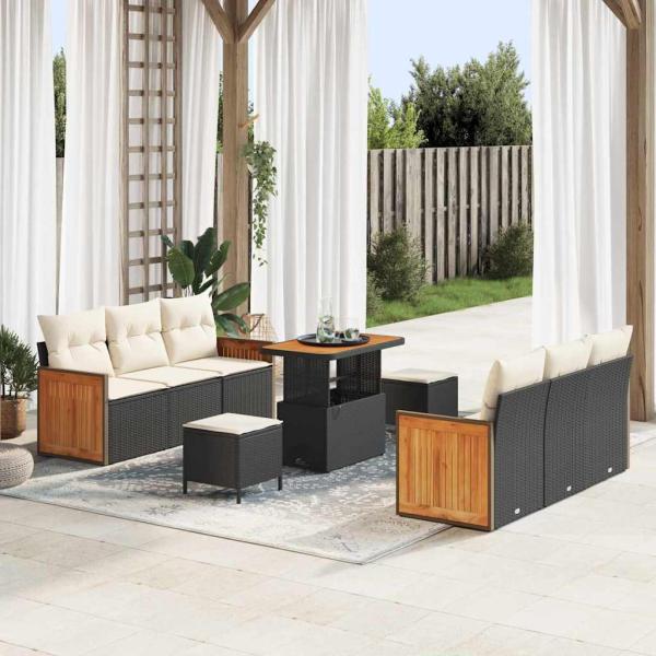 ARDEBO.de - 9-teiliges Garten Sofa Set mit Kissen Schwarz Poly Rattan Akazie, 3-teiliges Garten Esszimmer Set mit Kissen Schwarz Poly Rattan Akazie