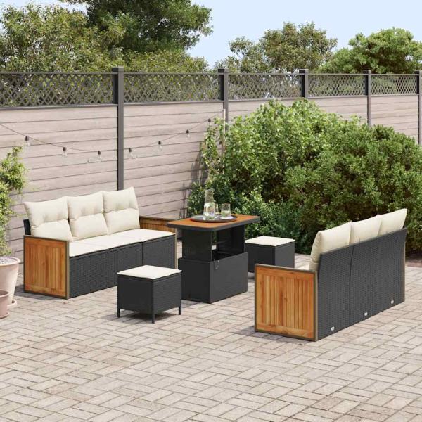 9-teiliges Garten Sofa Set mit Kissen Schwarz Poly Rattan Akazie, 3-teiliges Garten Esszimmer Set mit Kissen Schwarz Poly Rattan Akazie