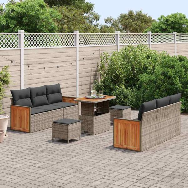 ARDEBO.de - 9-teiliges Garten Sofa Set mit Kissen Grau Poly Rattan Akazie, 3-teiliges Garten Dining Set mit Kissen Grau Poly Rattan Akazie