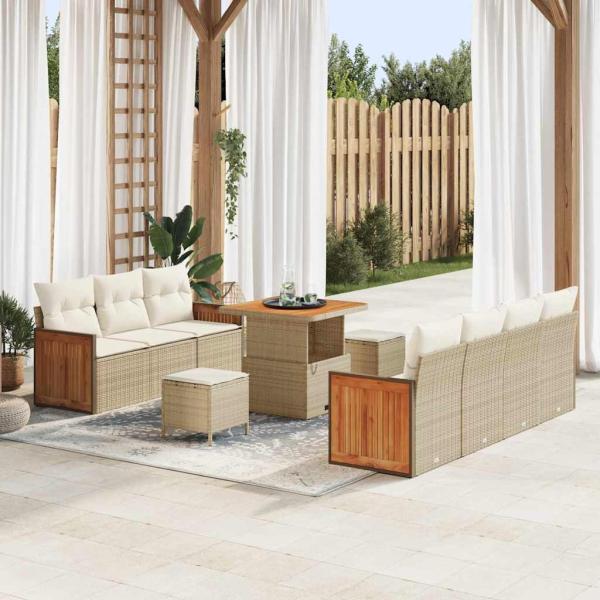 ARDEBO.de - 10-teiliges Garten-Sofa-Set mit Kissen Beige Poly Rattan Akazie, 3-teiliges Garten-Esszimmer-Set mit Kissen Beige Poly Rattan Akazie