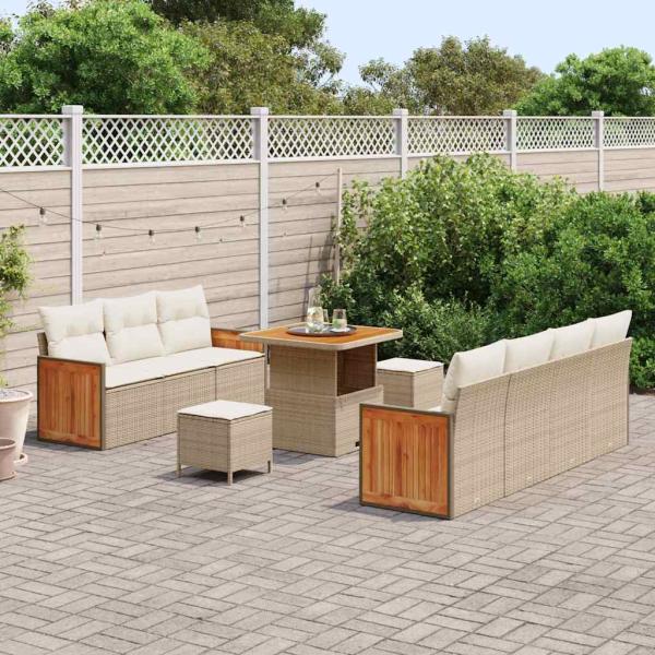 10-teiliges Garten-Sofa-Set mit Kissen Beige Poly Rattan Akazie, 3-teiliges Garten-Esszimmer-Set mit Kissen Beige Poly Rattan Akazie