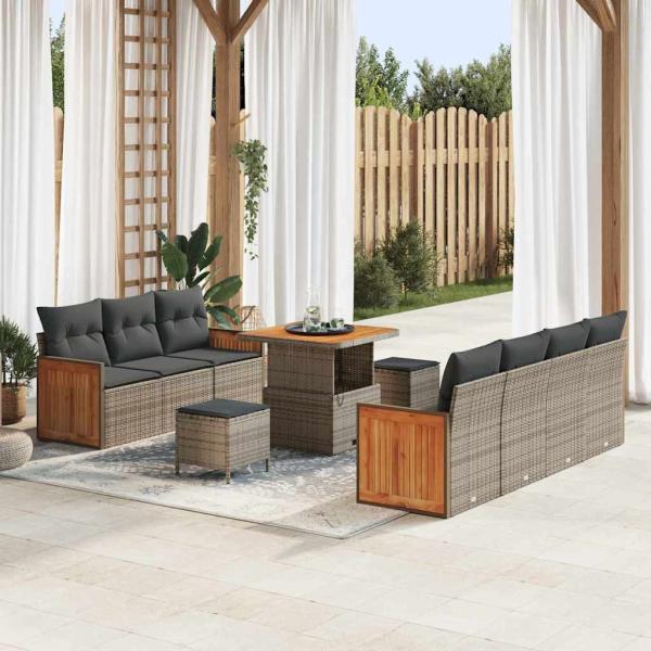 ARDEBO.de - 10-teiliges Garten Sofa Set mit Kissen Grau Poly Rattan Akazie, 3-teiliges Garten Ess-Set mit Kissen Grau Poly Rattan Akazie