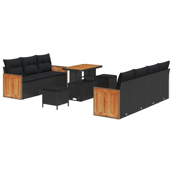 ARDEBO.de - 10-teiliges Garten Sofa Set mit Kissen Schwarz Poly Rattan Akazie, 3-teiliges Garten Essenset mit Kissen Schwarz Poly Rattan Akazie