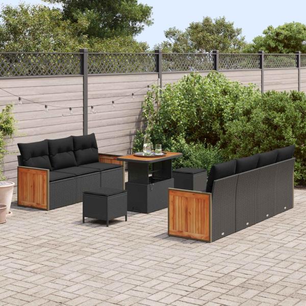 10-teiliges Garten Sofa Set mit Kissen Schwarz Poly Rattan Akazie, 3-teiliges Garten Essenset mit Kissen Schwarz Poly Rattan Akazie