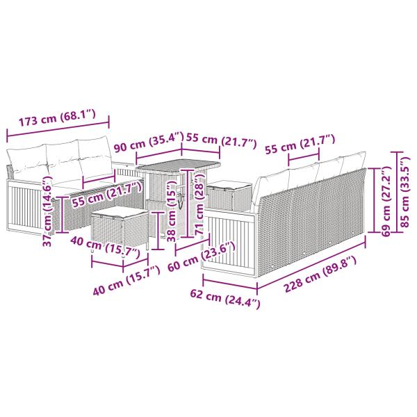 10-teiliges Garten Sofa Set mit Kissen Schwarz Poly Rattan Akazie, 3-teiliges Garten Essenset mit Kissen Schwarz Poly Rattan Akazie
