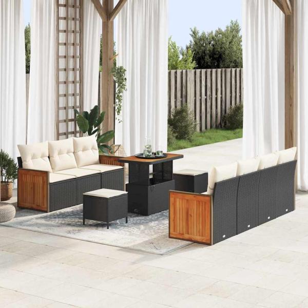 ARDEBO.de - 10-teiliges Garten Sofa Set mit Kissen Schwarz Poly Rattan Akazie, 3-teiliges Garten Esszimmer Set mit Kissen Schwarz Poly Rattan Akazie