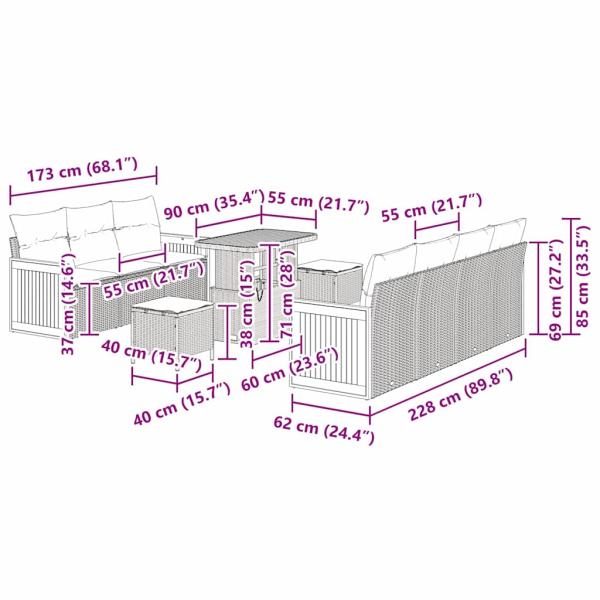 10-teiliges Garten Sofa Set mit Kissen Schwarz Poly Rattan Akazie, 3-teiliges Garten Esszimmer Set mit Kissen Schwarz Poly Rattan Akazie