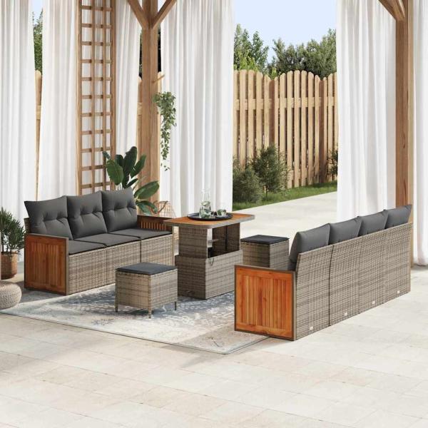 ARDEBO.de - 10-teiliges Garten Sofa Set mit Kissen Grau Poly Rattan Akazie, 3-teiliges Garten Essset mit Kissen Grau Poly Rattan Akazie