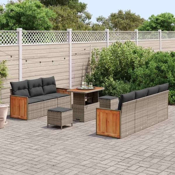 10-teiliges Garten Sofa Set mit Kissen Grau Poly Rattan Akazie, 3-teiliges Garten Essset mit Kissen Grau Poly Rattan Akazie