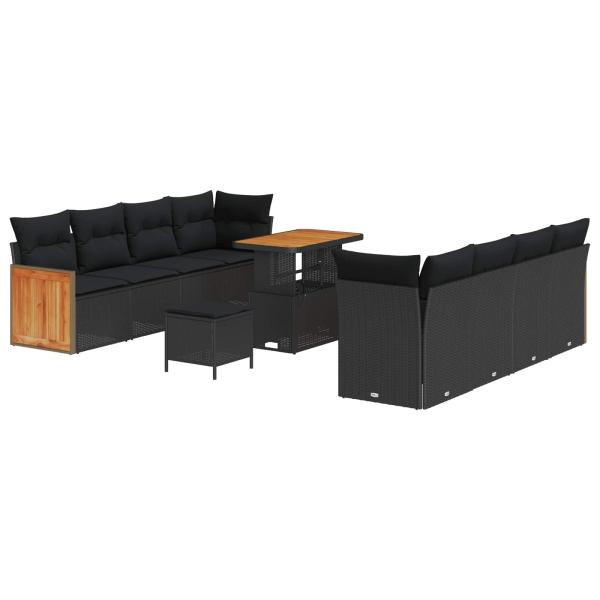 ARDEBO.de - 11-teiliges Garten Sofa Set mit Kissen Schwarz Poly Rattan Akazie, 3-teiliges Garten Essenset mit Kissen Schwarz Poly Rattan Akazie
