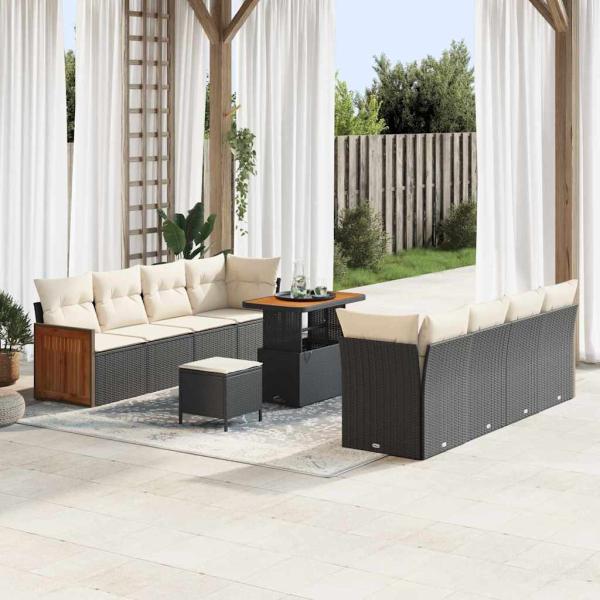 ARDEBO.de - 11-teiliges Garten-Sofa-Set mit Kissen Schwarz Poly Rattan Akazie, 3-teiliges Garten-Dining-Set mit Kissen Schwarz Poly Rattan Akazie