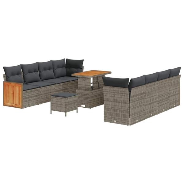 11-teiliges Garten-Sofa-Set mit Kissen Grau Poly-Rattan Akazie, 3-teiliges Garten-Esszimmer-Set mit Kissen Grau Poly-Rattan Akazie