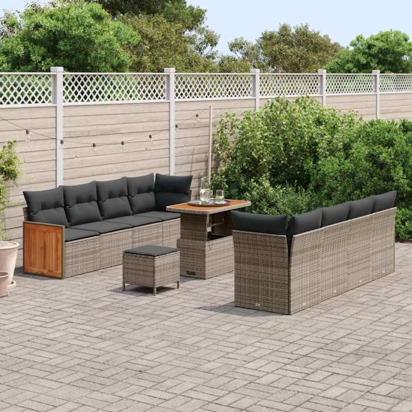 11-teiliges Garten-Sofa-Set mit Kissen Grau Poly-Rattan Akazie, 3-teiliges Garten-Esszimmer-Set mit Kissen Grau Poly-Rattan Akazie