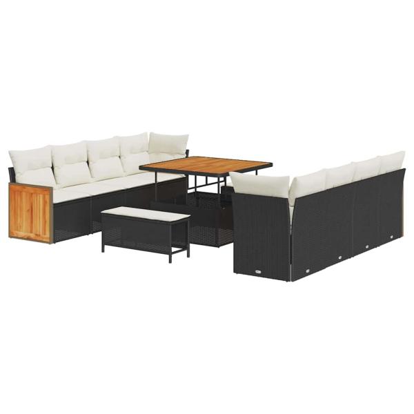 ARDEBO.de - 11-teiliges Garten Sofa Set mit Kissen Schwarzes Poly Rattan Akazie, 3-teiliges Garten Essenset mit Kissen Schwarzes Poly Rattan Akazie