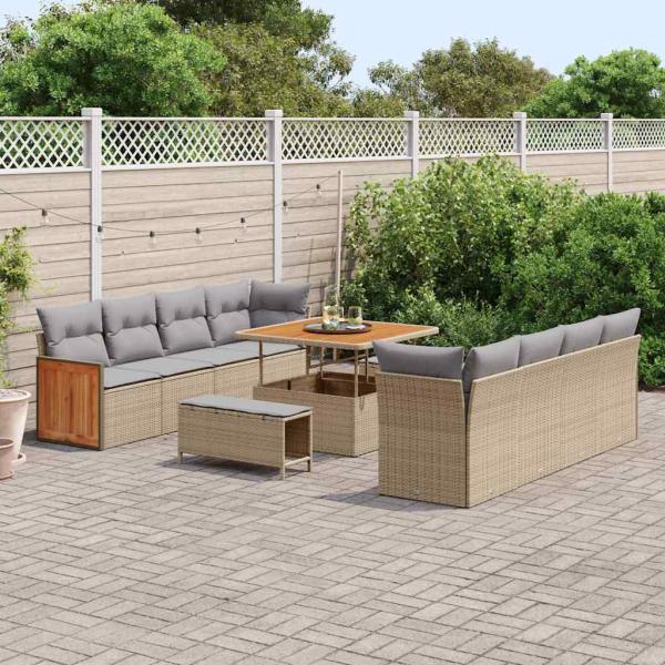 11-teiliges Garten Sofa Set mit Kissen Beige Poly Rattan Akazie, 3-teiliges Garten Essset mit Kissen Beige Poly Rattan Akazie