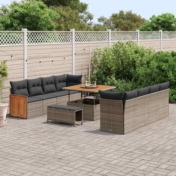 11-teiliges Garten Sofa Set mit Kissen Grau Poly Rattan Akazie, 3-teiliges Garten Esszimmer Set mit Kissen Grau Poly Rattan Akazie