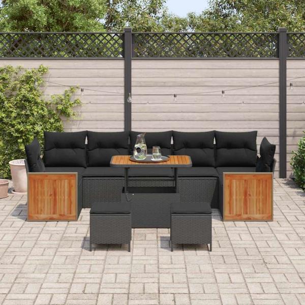 10-teiliges Garten Sofa Set mit Kissen Schwarz Poly-Rattan Akazienholz, 3-teilige Garten Esstisch Set mit Kissen Schwarz Poly-Rattan Akazienholz