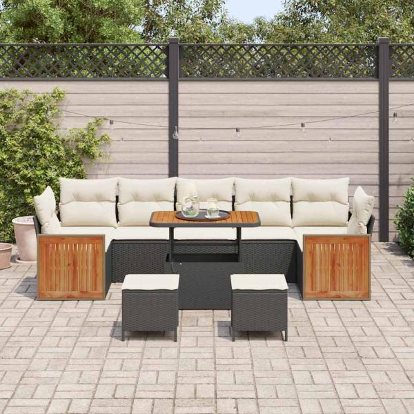 10-teiliges Garten-Sofa-Set mit Kissen Schwarz Poly-Rattan Akazie, 3-teiliges Garten-Ess-Set mit Kissen Schwarz Poly-Rattan Akazie