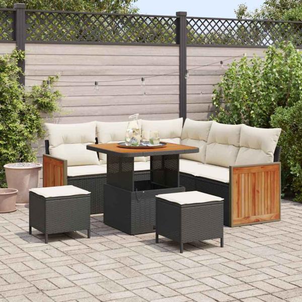 ARDEBO.de - 8-teiliges Garten Sofaset mit Kissen Schwarz Poly-Rattan Akazie, 3-teiliges Garten Ess-Set mit Kissen Schwarz Poly-Rattan Akazie