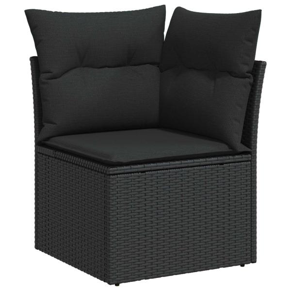 8-teiliges Garten Sofa Set mit Kissen Schwarz Poly Rattan Akazie, 3-teiliges Garten Ess-Set mit Kissen Schwarz Poly Rattan Akazie