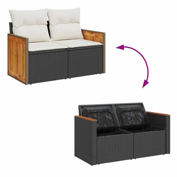 8-teilige Garten Sofa Set mit Kissen Schwarz Poly Rattan Akazie, 3-teilige Garten Essgruppe mit Kissen Schwarz Poly Rattan Akazie