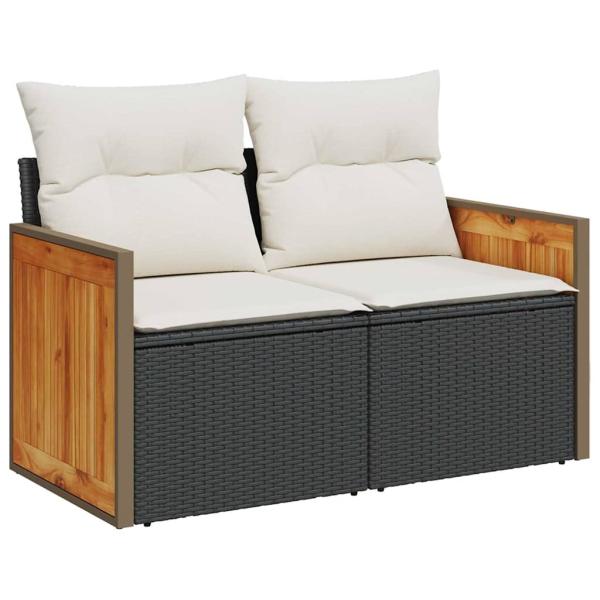 8-teilige Garten Sofa Set mit Kissen Schwarz Poly Rattan Akazie, 3-teilige Garten Essgruppe mit Kissen Schwarz Poly Rattan Akazie