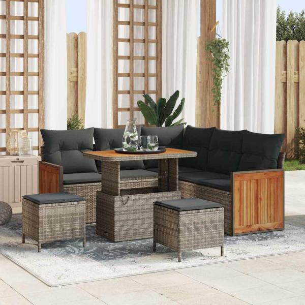 ARDEBO.de - 8-teilige Garten-Sofa-Set mit Kissen Grau Poly-Rattan Akazie, 3-teiliges Garten-Ess-Set mit Kissen Grau Poly-Rattan Akazie