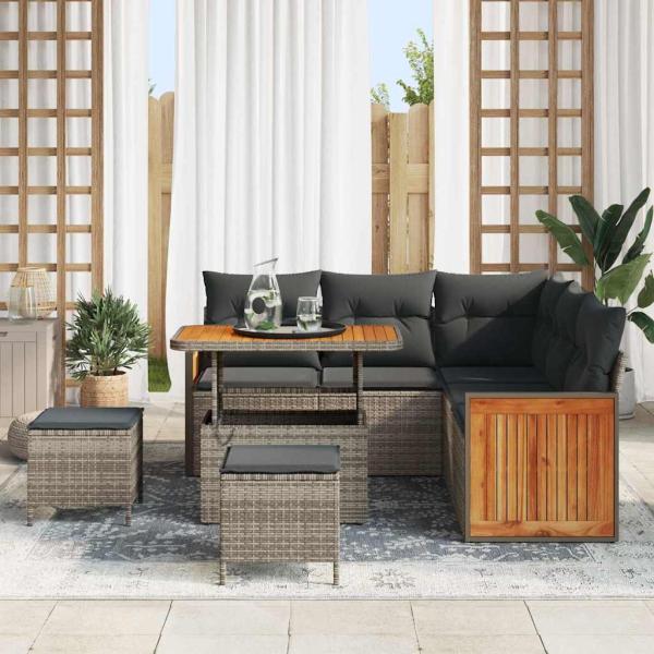 8-teilige Garten-Sofa-Set mit Kissen Grau Poly-Rattan Akazie, 3-teiliges Garten-Ess-Set mit Kissen Grau Poly-Rattan Akazie