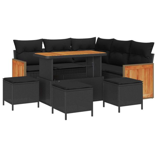 9-teiliges Garten Sofa Set mit Kissen Schwarz Poly Rattan Akazie, 4-teiliges Garten Essgruppe mit Kissen Schwarz Poly Rattan Akazie