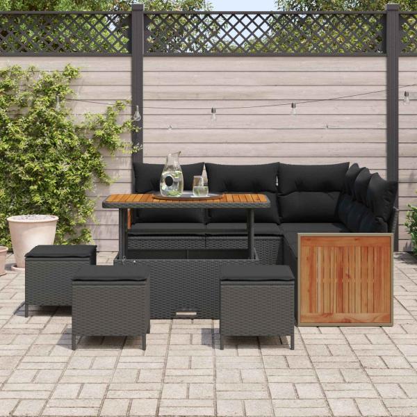 9-teiliges Garten Sofa Set mit Kissen Schwarz Poly Rattan Akazie, 4-teiliges Garten Essgruppe mit Kissen Schwarz Poly Rattan Akazie