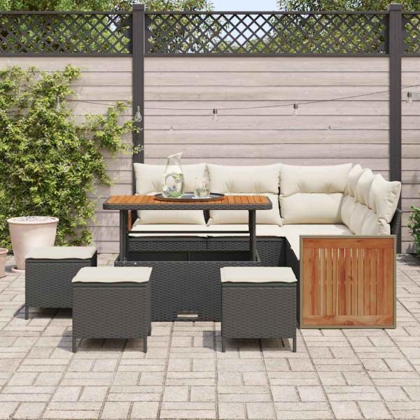 9-teiliges Garten Sofa Set mit Kissen Schwarz Poly Rattan Akazie, 4-teiliges Garten Ess-Set mit Kissen Schwarz Poly Rattan Akazie