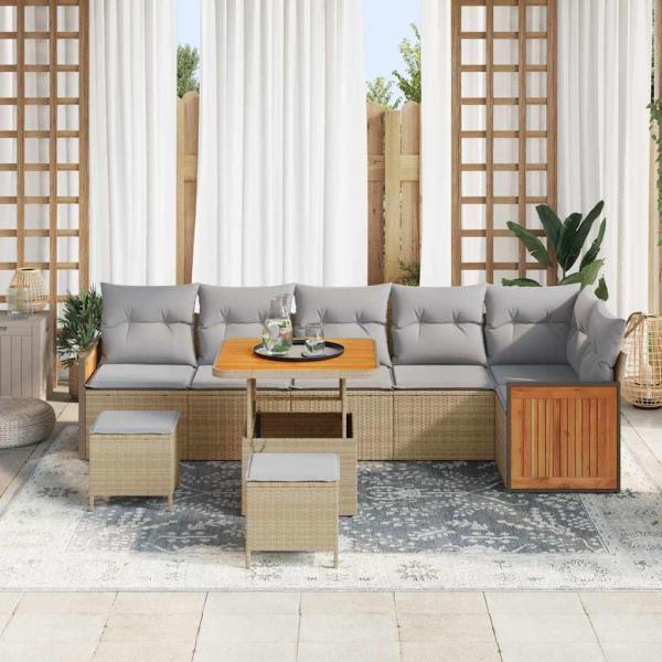 9-teiliges Garten-Sofa-Set mit Kissen in Beige, Poly Rattan, Akazienholz, 3-teiliges Garten-Ess-Set mit Kissen in Beige, Poly Rattan, Akazienholz