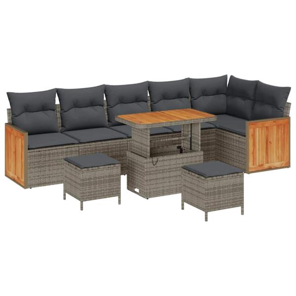 9-teiliges Garten-Sofa-Set mit Kissen Grau Poly-Rattan Akazie, 3-teiliges Garten-Ess-Set mit Kissen Grau Poly-Rattan Akazie