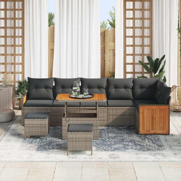 9-teiliges Garten-Sofa-Set mit Kissen Grau Poly-Rattan Akazie, 3-teiliges Garten-Ess-Set mit Kissen Grau Poly-Rattan Akazie