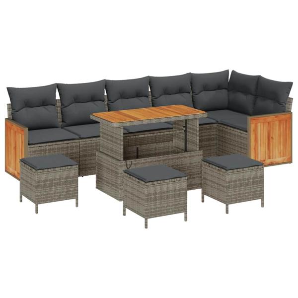 ARDEBO.de - 10-teiliges Garten Sofa Set mit Kissen Grau Poly-Rattan Akazie, 4-teiliges Garten Essset mit Kissen Grau Poly-Rattan Akazie