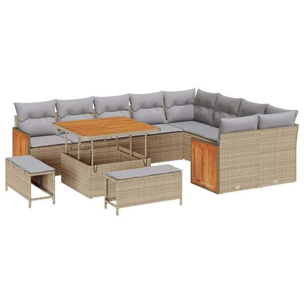 12-teiliges Garten-Sofa-Set mit Kissen Beige Poly-Rattan Akazien, 3-teiliges Garten-Ess-Set mit Kissen Beige Poly-Rattan Akazien