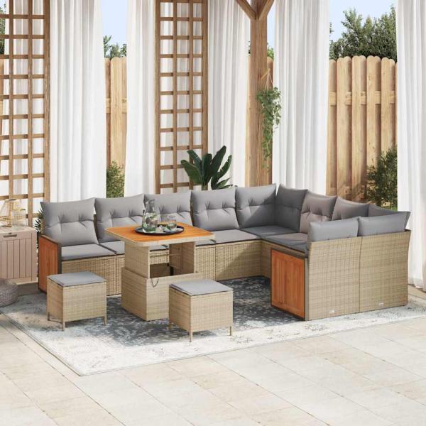 ARDEBO.de - 12-teiliges Garten-Sofa-Set mit Kissen Beige Poly Rattan Akazie, 3-teiliges Garten-Ess-Set mit Kissen Beige Poly Rattan Akazie