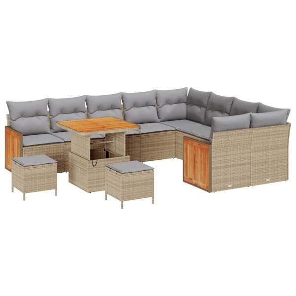 12-teiliges Garten-Sofa-Set mit Kissen Beige Poly Rattan Akazie, 3-teiliges Garten-Ess-Set mit Kissen Beige Poly Rattan Akazie