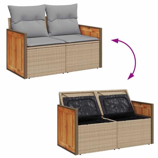 12-teiliges Garten-Sofa-Set mit Kissen Beige Poly Rattan Akazie, 3-teiliges Garten-Ess-Set mit Kissen Beige Poly Rattan Akazie