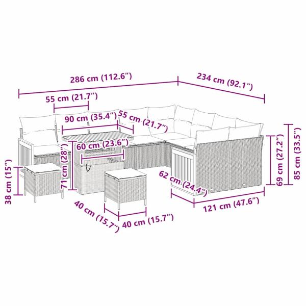 12-teiliges Garten Sofa Set mit Kissen Grau Poly Rattan Akazie, 3-teiliges Garten Dining Set mit Kissen Grau Poly Rattan Akazie