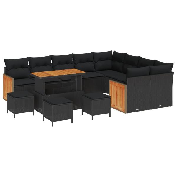 ARDEBO.de - 13-teiliges Garten Sofa Set mit Kissen Schwarz Poly Rattan Akazie, 4-teiliges Garten Ess-Set mit Kissen Schwarz Poly Rattan Akazie