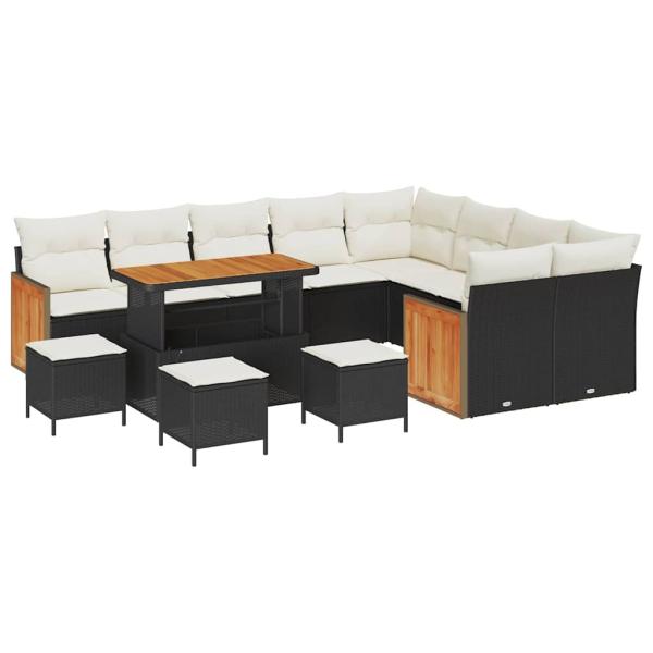 13-teiliges Garten Sofa Set mit Kissen Schwarz Poly Rattan Akazie, 4-teiliges Garten Ess-Set mit Kissen Schwarz Poly Rattan Akazie