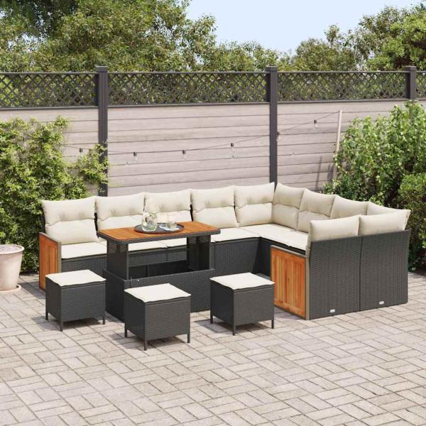 13-teiliges Garten Sofa Set mit Kissen Schwarz Poly Rattan Akazie, 4-teiliges Garten Ess-Set mit Kissen Schwarz Poly Rattan Akazie