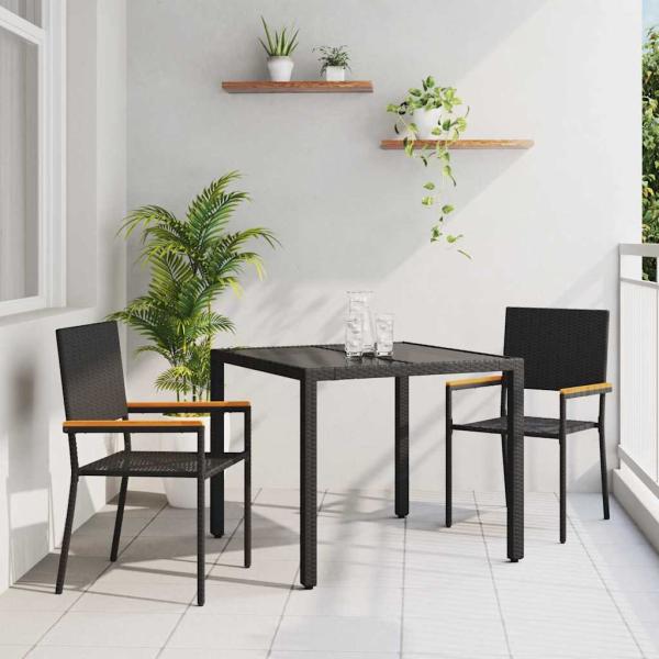 ARDEBO.de - 3-teiliges Garten Essset Schwarz Poly-Rattan, Stapelbare Gartenstühle mit Kissen - 2-teiliges Set in Schwarz Poly-Rattan