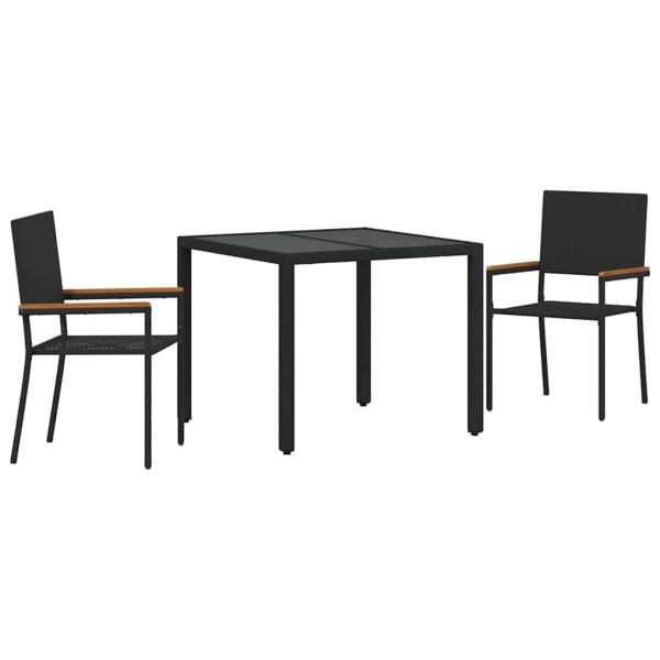 3-teiliges Garten Essset Schwarz Poly-Rattan, Stapelbare Gartenstühle mit Kissen - 2-teiliges Set in Schwarz Poly-Rattan