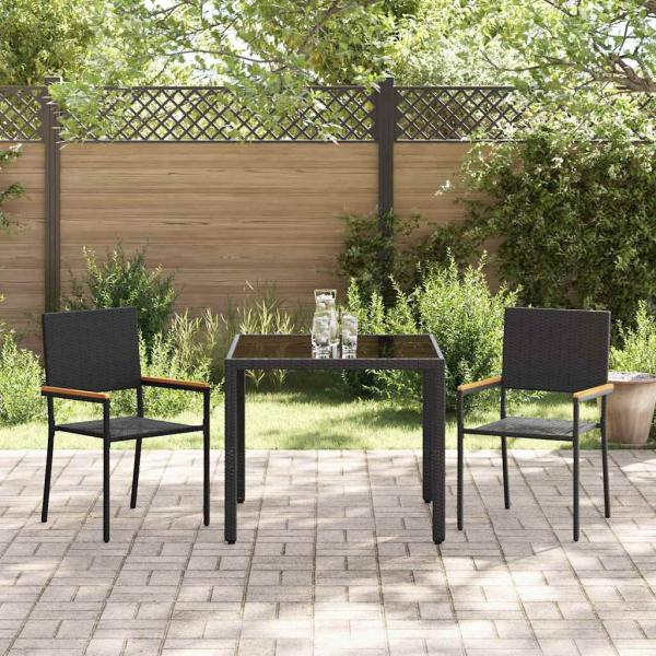 3-teiliges Garten Essset Schwarz Poly-Rattan, Stapelbare Gartenstühle mit Kissen - 2-teiliges Set in Schwarz Poly-Rattan