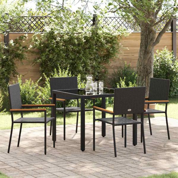 ARDEBO.de - 5-teiliges Garten Esszimmer Set Schwarz Poly Rattan, stapelbare Gartenstühle mit Kissen - 2-teiliges Set in Schwarz Poly Rattan